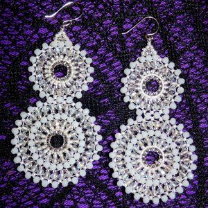 QUIRKY HANDMADE WHITE AND CLEAR BEAD CIRCLE LARGE DANGLE EARRINGS GOTH WEDDING